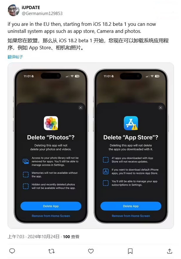 南湖苹果手机维修分享iOS 18.2 支持删除 App Store 应用商店 